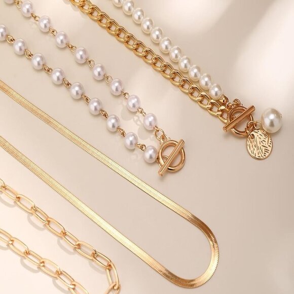 Gold Layered Necklace Set for Women Pearl Paperclip Chain Herringbone Jewelry - Picture 6 of 8